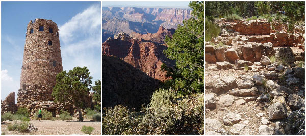 triptych of Tusayan ruins, canyon and riverbed from hiking excursions with Pygmy Guides